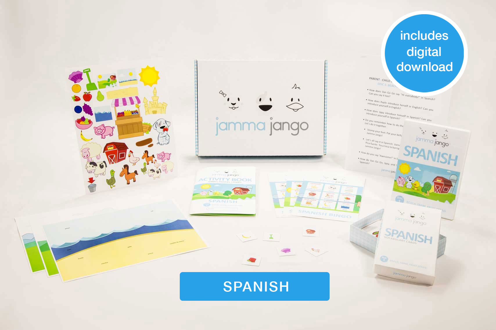 Photo showing the materials and digital download included in Jamma Jango's kit to help teach kids Spanish.
