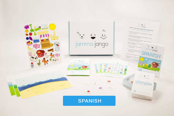 Photo showing the language-learning games and other materials that come with Jamma Jango's Spanish kit.
